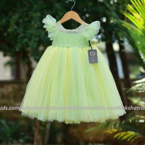 Green handwork yoke with tulle net (yellow/green) gown | Baby Couture India | Dresses for Baby Girl and Boy