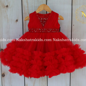 Red handwork birthday frock for baby girl kidswear