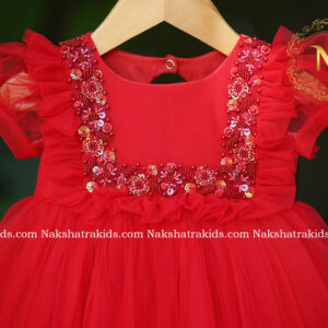 Red handwork yoke with tulle net gown view 2