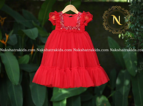 Red handwork yoke with tulle net gown for kids