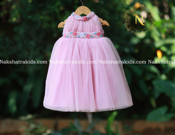 Holter neck handwork pastel pink full gown | Baby Couture India | Dresses for Baby Girl