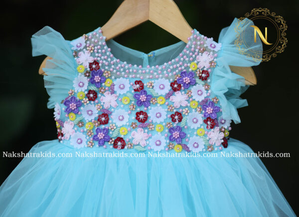 Blue Handworked Yoke Tulle Net Frock | Party Wear Collection | Dresses for Baby Girl and Boy