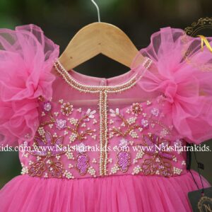 Peach tulle net birthday frock with handwork on chest and lower Grapewine frills | Party Wear Collection | Dresses for Baby Girl and Boy