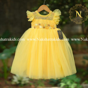 Yellow handwork tulle net gown | Baby Couture India | Dresses for Baby Girl and Boy