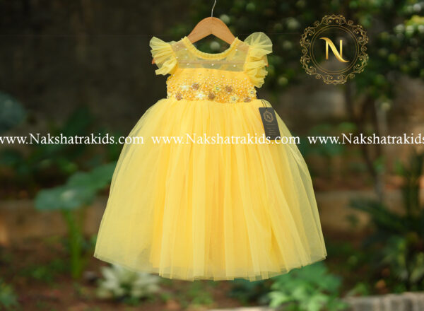 Yellow handwork tulle net gown | Baby Couture India | Dresses for Baby Girl and Boy
