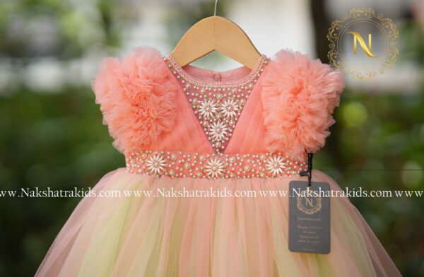Peach handwork tulle birthday gown | Baby Couture India | Dresses for Baby Girl