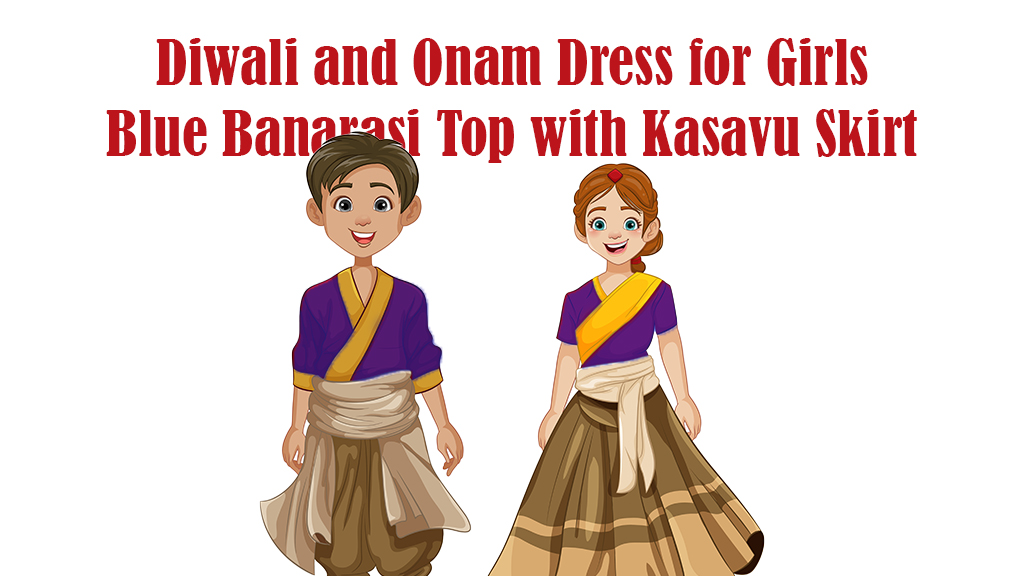 Diwali and Onam Dress for Girls - Blue Banarasi Top with Kasavu Skirt | Nakshatra Kids