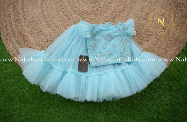 Diwali Special Blue Handworked Crop Top with Full Length Skirt for Baby Girl