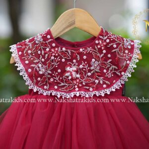 Christmas Dress for Baby Girl: Maroon Embroidery Cotton Frock for Baby Girl